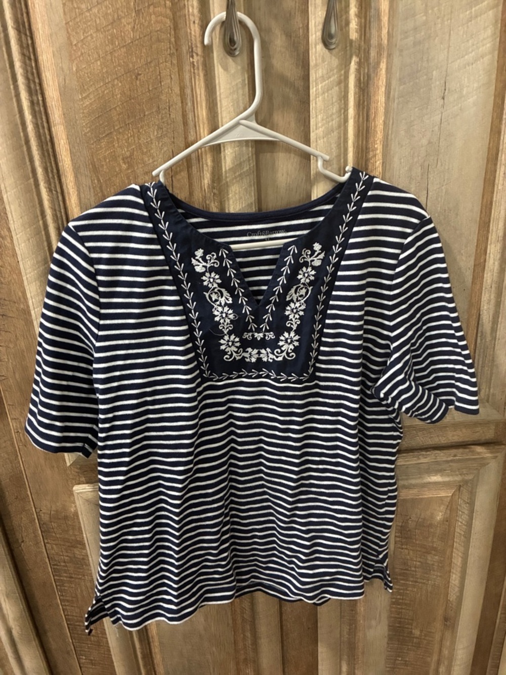Striped Navy Short-Sleeve Tee with Embroidered Square Neck - Croft & Barrow